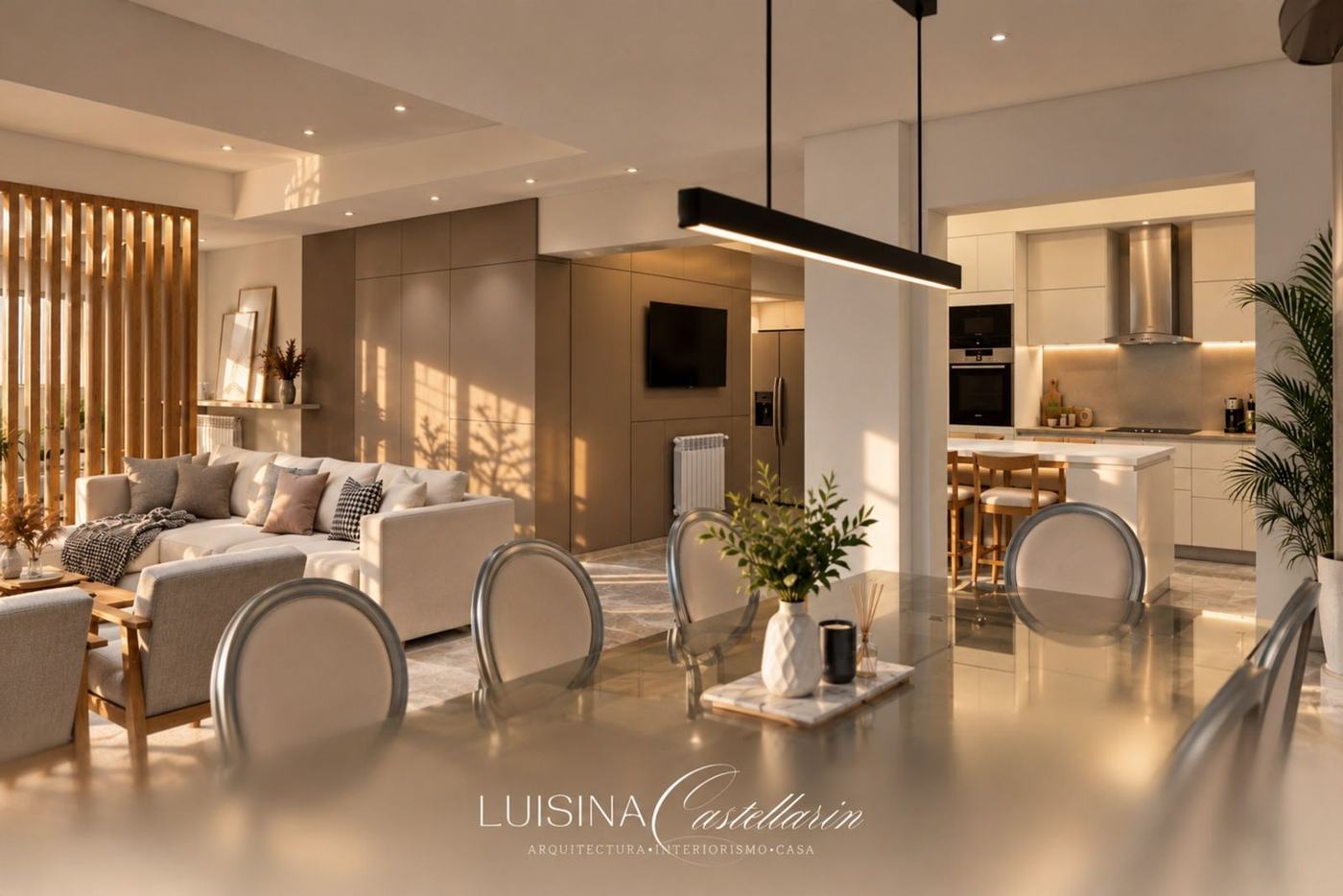 Render: Living, comedor y cocina integrados