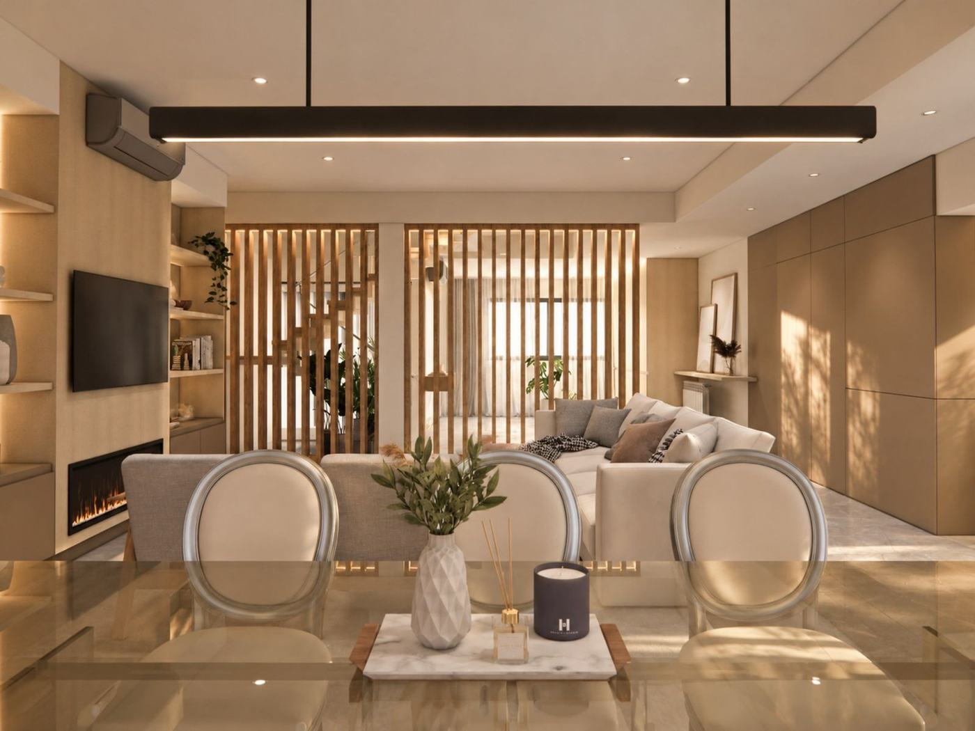 Render: Comedor frente al living y los listones
